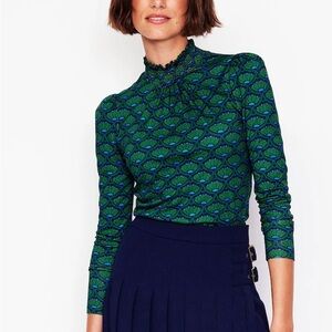 Green and Blue Patterned Women's Top smocked neck Boden women 14